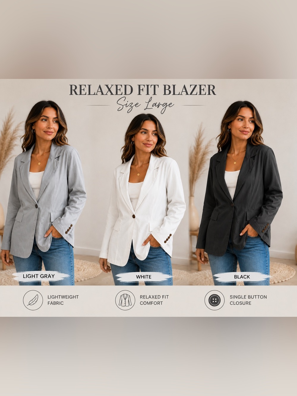 Women’s Relaxed Fit One-Button Blazer Jacket | Size Large | Gray, White & Black